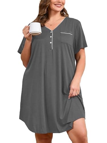 AusLook Plus Size Gray Nightgown for Women Midi Sleep 1X Dress Short Sleeve V Neck Loose Fit Lounge House Dress Soft Casual Night Dress - Image 1