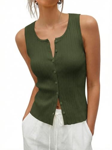 Saodimallsu Womens Sleeveless Sweater Vest Button Down Ribbed Knit Tank Top Scoop Neck Summer Trendy Vest Tops Army Green - Image 1