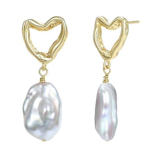 Baroque Pearl Earrings for Women 925 Sterling Silver Post 14K Gold Plated Heart Teardrop Design Dangle Freshwater Cultured Baroque Pearl Earring Hypoallergenic Wedding Birthday Gift for Mom Girlfriend (Type1-Heart) - Image 1