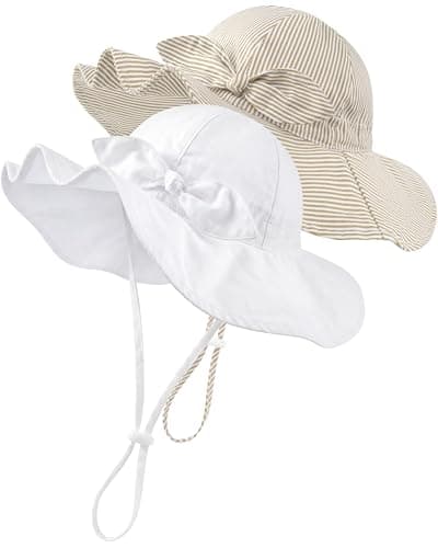 HONGTEYA Baby Sun Hat Cotton Stripe Bow Wide Brim Toddler Beach Bucket Hat - Image 1