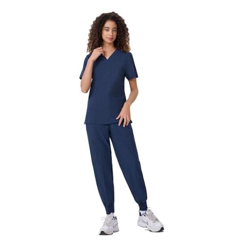 ANGEL GUARD Scrubs for Women Set, V-Neck Medical Scrubs with 13 Pockets, Yoga Waistband Slim Fit Uniform - Image 1