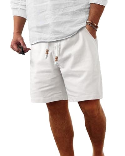 ZKMAN Men's White Linen Shorts Casual 7 Inch Elastic Waist Drawstring Short Summer Vacation Beach Shorts with Pockets(White 3XL) - Image 1