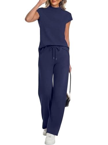 Casly Lamiit Womens Two Piece Outfits Mock Neck Airport Travel Outfits Matching Pants Set Casual Beach Outfit Lounge Beach Wear Navy Blue XS - Image 1