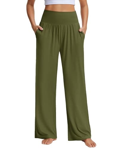 Stelle High Waisted Wide Leg Pants for Women Loose Yoga Sweatpants Comfy Lounge Pants with Pockets 26/28/30 Inseam Green - Image 1