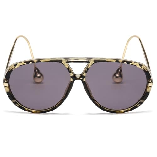 LASPOR Oversized Aviator Sunglasses for Women Vintage With Adjustable Earring Large Big Frame Ladies Shades (Yellow Leopard Frame/Grey Lens) - Image 1