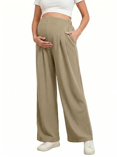 BLENCOT Women Maternity Pants Work Casual Over Belly Stretchy Wide Leg Trousers Activewear High Waist Baggy Pregnancy Pant Office Clothes Comfy Joggers with Pockets Small Jungle Green - Image 1