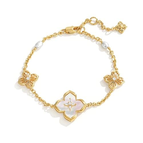 FETERO Gold Bracelets for Women Trendy, Dainty 14K Gold Plated Charm Clover Bracelet 2 Sided MOP Lucky Pendant Cute Pearl Beaded Bracelets Link Chain Waterproof Womens Jewelry Gifts - Image 1