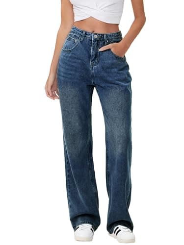 HDLTE Baggy Stretchy Jeans for Women High Waisted Trendy Wide Leg Jeans Boyfriend Denim Pants with Patch Pockets(Deep Wash,Small) - Image 1