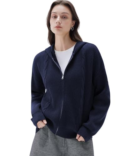 SUUKSESS Women Chunky Knit Cashmere Blend Sweaters Zip up Oversized Hoodies Cardigan with Pockets Long Sleeve Fall Jackets Outerwear (Navy Blue, S) - Image 1
