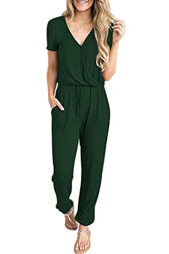 PRETTYGARDEN Jumpsuits for Women 2026 Spring Summer Casual Dressy Short Sleeve Romper Airport Vacation Travel Outfits (Dark Green,Large) - Image 1