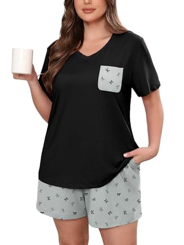 AusLook Plus Size Pajama Set for Women 2 Piece V Neck Short Sleeve Loungewear 3X Set with Pajama Printed Shorts Summer Sleepwear Loose Fit 1X-5X - Image 1