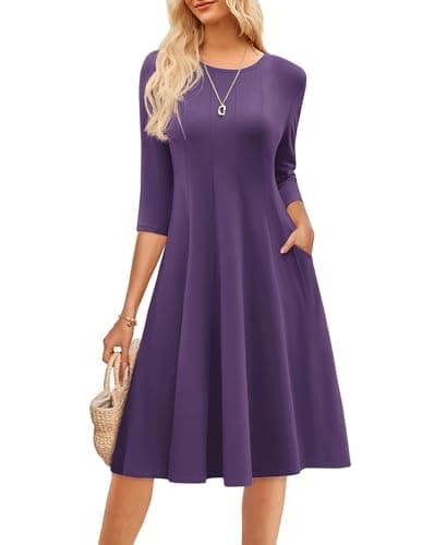 Women Summer Dress 2026 Casual 3/4 Sleeve Church Work Dress Flowy A Line Fit and Flare Midi Dresses with Pockets Purple 2XL - Image 1