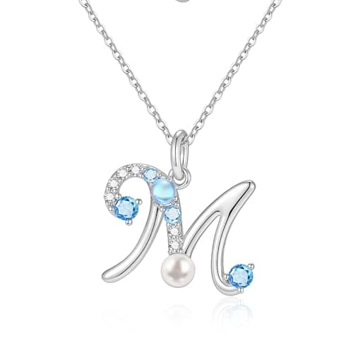 Initial Letter Necklace for Women – 14K White Gold Plated Cubic Zirconia Letter Pearl Pendant, Dainty A-T Alphabet Jewelry, Gift for Mom Wife Valentine Mother Day Christmas M - Image 1