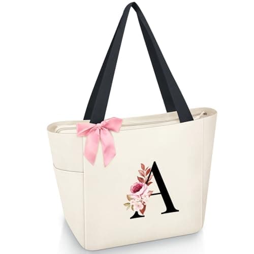 Vavabox Tote Bag, A-Z Initial Monogrammed Waterproof Tote Bag, Bridesmaid Gifts for Women, Black and Pink (A, Beige) - Image 1