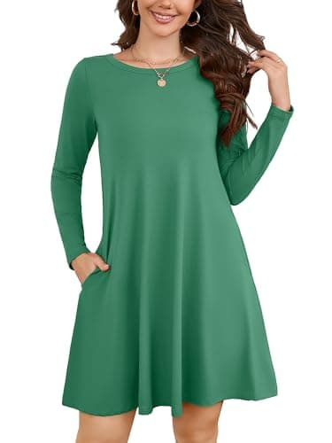 KORSIS Womens Dresses Long Sleeve T-Shirt Round Neck Casual A-Line Loose Swing Vocation Fall Winter Dress with Pockets Soild 2XL Turquoise - Image 1