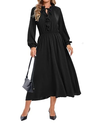 Ystguic Women's Fall Casual Long Sleeve Wedding Guest 2025 Boho Empire Elastic Waist V Neck Dress Italian Formal Italian Elegant Ruffle Flowy A Line Midi Dresses with Pockets Large 054 Black L - Image 1