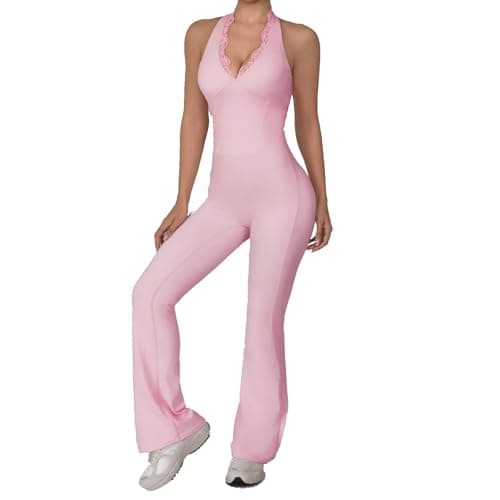 KAIFUYING Women Workout Scrunch Flare Jumpsuits Lace Deep V Hanging Neck Halter Backless Butt Lift Gym Yoga Jumpsuits Sexy jumpsuits Workout jumpsuits for women pink-XL - Image 1