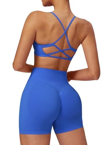 Women's 2 Piece Workout Sets Strappy Sports Bra and High Waist Shorts Yoga Gym Outfits Blue XL - Image 1