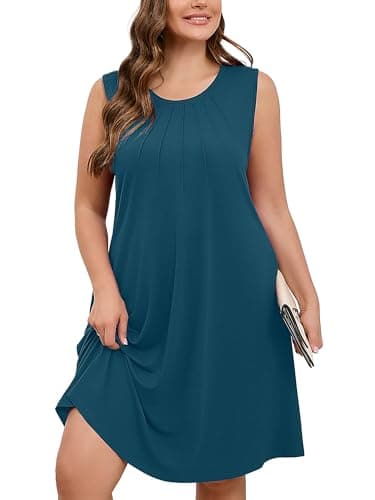 AusLook Plus Size Women Summer Dress Sleeveless Crew Neck Casual Cute Loose Fitting Tank Sundress Indigo Blue 2X Comfy Swing Midi Flowy A-line Trendy Beach Vacation Teacher Dresses with Pockets - Image 1