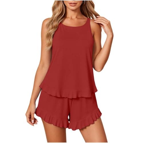 Tank Top Pajamas Set for Women, Ruffle Hem Cami And Shorts Set Crew Neck Sleeveless Women's Sleepwear, Lightweight Soft Comfy Summer 2 Piece Womens Loungewear Red XXL