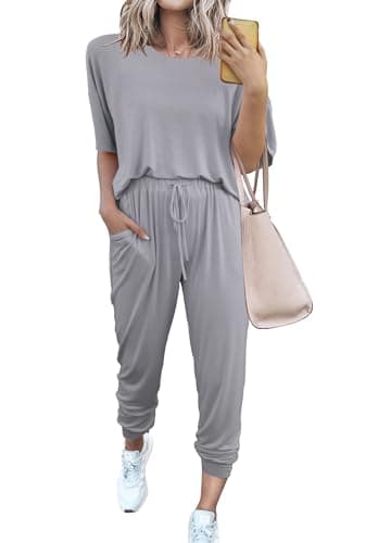 PRETTYGARDEN Women's Two Piece Lounge Sets 2026 Spring Summer Jogger Pants Vacation Outfits Travel Airplane Matching Clothes (Light Grey,Large)