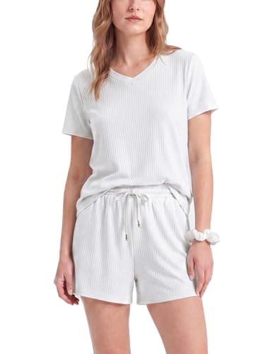 PATPAT Womens Pajama Set 2 Piece Ribbed Knit Soft Lounge Set with Pockets Short Sleeve Top and Shorts Summer Sleepwear Outfit White, XXL - Image 1