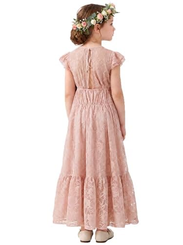 ALLOVIN Toddler & Girls Spring Easter Lace Flower Girl Dress for Wedding Baptism First Communion Maxi Boho A-Line | Flutter Sleeve Dusty Pink | 3-4Y - Image 1