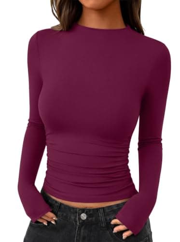 REORIA Women Mock Neck Ruched Long Sleeve Y2K Slim Fit Top Going Out Red XS - Image 1
