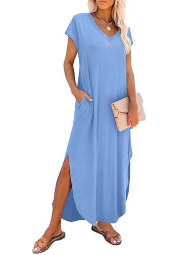 Summer Casual Maxi Dresses for Women Cap Sleeve Long Sundress with Pockets - Image 1