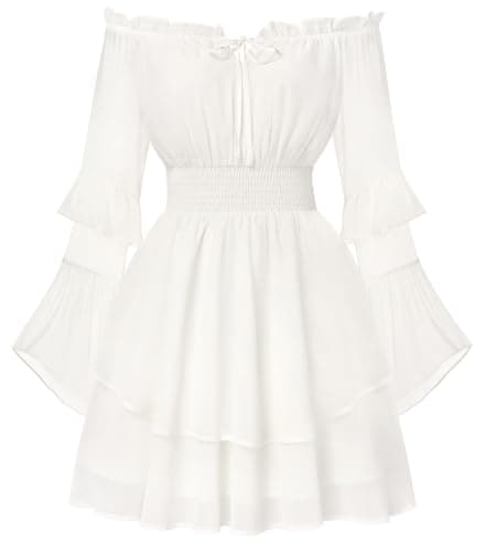 Scarlet Darkness Women Renaissance Dress Off Shoulder Long Sleeve Fairy Pirate Dresses Ruffle Flowy Mini Dress White 2XL - Image 1