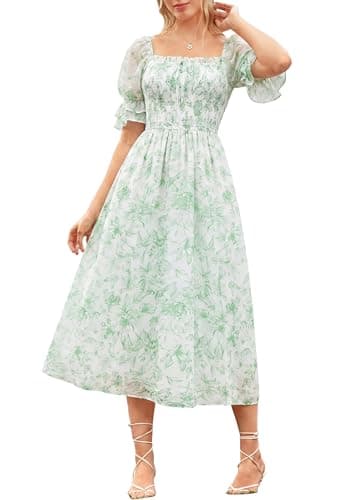 Scarlet Darkness 2026 Summer Floral Dress for Women Cottagecore Smocked Midi Dresses Green Floral XXL - Image 1