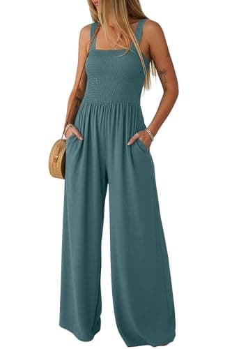 Lepunuo Jumpsuits for Women Casual One Piece Overalls Smocked Wide Leg Long Rompers With Pockets Beach Vacation - Image 1
