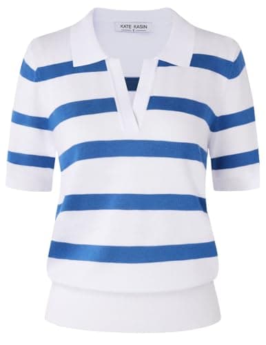 Kate Kasin Short Sleeve Sweaters for Women, Summer V Neck Knit Tops, Business Casual Polo Shirts White Blue Wide Stipes - Image 1