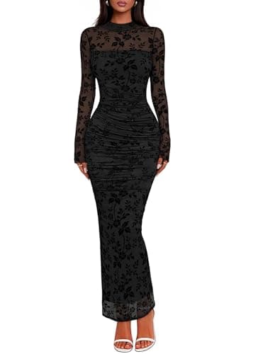 Lazysmile Women's Long Sleeve Floral Bodycon Maxi Dress 2026 Elegant Ruched Mesh Formal Cocktail Party Wedding Guest Dresses Black - Image 1