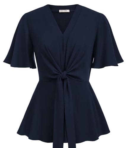 Womens Navy Blue Peplum Tops V Neck Short Sleeve Tops Tie Front Elegant Work Blouses XL - Image 1