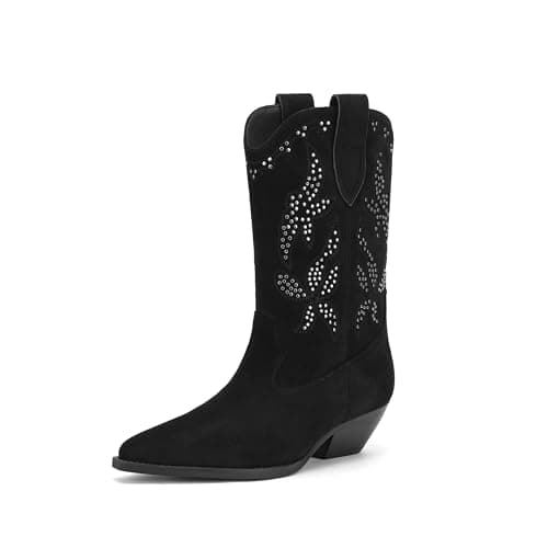 Rogerdream Faux Suede Cowboy Boots with Gold Silver Metal Rivets, Women’s Pointed Toe Mid Calf Cone Heel Casual Western Footwear Black Size 6.5 - Image 1