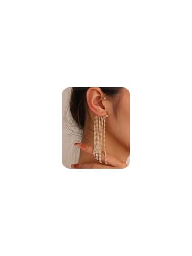 YRlilicc 2PCS Glitter Rhinestone Long Tassels Dangle Ear Cuff Gold Vintage Non-Piercing Fake Earrings Bridal Wedding Climber Ear Wrap Prom Ball Jewelry for Women - Image 1