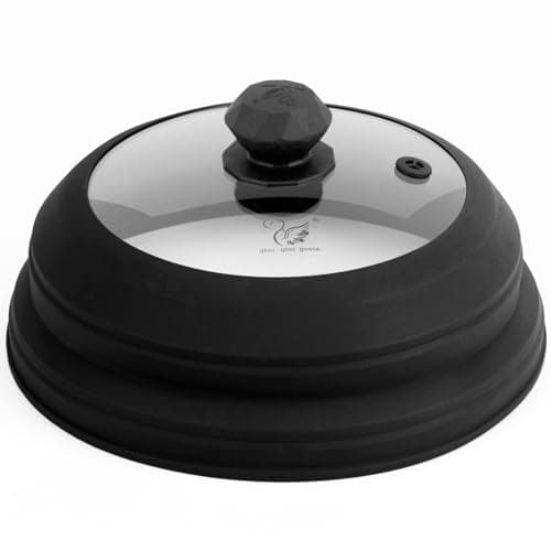 Microwave Splatter Cover Vented Glass Splatter Guard Lid with Collapsible Silicone for Food as Pot Cover Plate 9.8 inch Black - Image 1