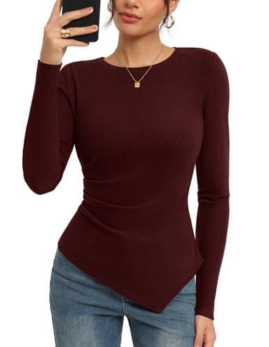 GRACE KARIN Womens 2026 Long Sleeve Tops, Ribbed Knit Basic Blouses, Stretch Fall Shirts Dressy Casual Clothes, Wine 2XL - Image 1