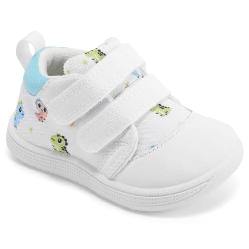 STQ KIDS Baby Walking Shoes Wide Toe Box Infant Barefoot Shoe Boys Girls Soft Toddler Tennis Sneaker Mid Top Babies First Walkers Non-Slip Ankle Support White Dinosaur 6-9 Months Infant Size 3 US - Image 1