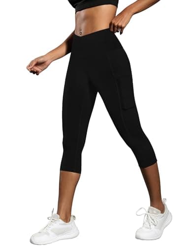 ICTIVE Women's Capris Yoga Pants with Pockets Crossover V Cross High Waisted Fitness Running Leggings Black M - Image 1