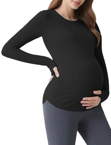 Mama Land Maternity Long Sleeve T-Shirts - Workout Yoga Tops Fall Comfortable Maternity Clothes Daily Casual Slim Fit Round Neck Pregnancy Clothes Must Haves (Black M) - Image 1