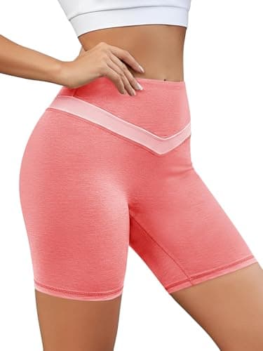 Aoysky Womens 6" High Waisted Buttery Soft Biker V-Shaped Color Block Shorts Butt Lifting Seamless Workout Shorts Pink - Image 1