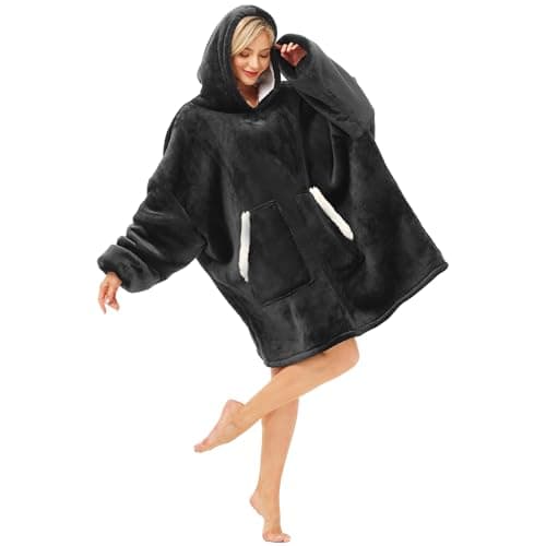Kipswiza Wearable Blanket Hoodie for Women and Men, Cozy Soft Sherpa Oversized Hooded Blankets Sweatshirt as Birthday Gifts for Adults, Black - Image 1