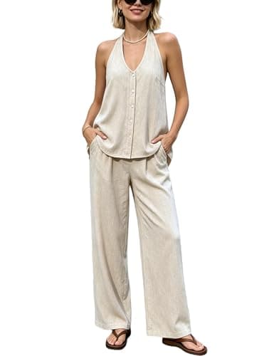 Joyfunear Women's Macthing Sets Summer Tank Tops and Pants Party Vacation Beach Cruise Two Piece Outfit With Buttons Pockets Khaki Small - Image 1