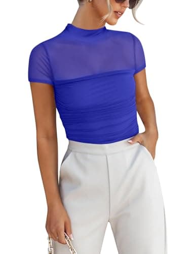 ANRABESS Womens Summer Sexy Mock Turtle Neck Short Sleeve Tops Sheer Mesh Shirts Slim Blouse Trendy Ruched Going Out Outfits Royal Blue-M - Image 1