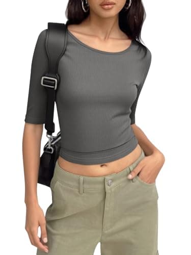 Imily Bela Womens Ribbed Knit Crewneck Crop Tops Basic Slim Fit T Shirts Half Sleeve 2025 Summer Trendy Y2k Tee Dark Grey - Image 1
