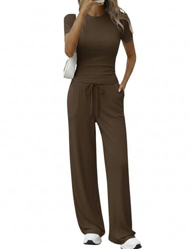 Flevita Womens Airport Outfits Sets 2 Pcs Comfy Lounge Wear T Shirts and 31" Inseam Straight Leg Pants with Pockets Set Soft Pjs Brown XXL - Image 1