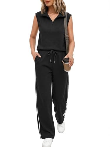 Casly Lamiit 2 Piece Sets for Women Summer Travel Outfits V Neck Half Zip Lapel Tank Top Striped Wide Leg Pants Matching Sets Sweatsuits Black L - Image 1