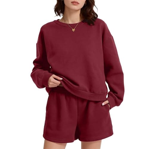 Anyshe Women's 2 Piece Fleece Lined Short Set - High Waisted Crew Neck Sweatshirt & Shorts, Soft Cozy Loungewear for Air Conditioned Rooms & All Season Wear, Crimson, X-Large